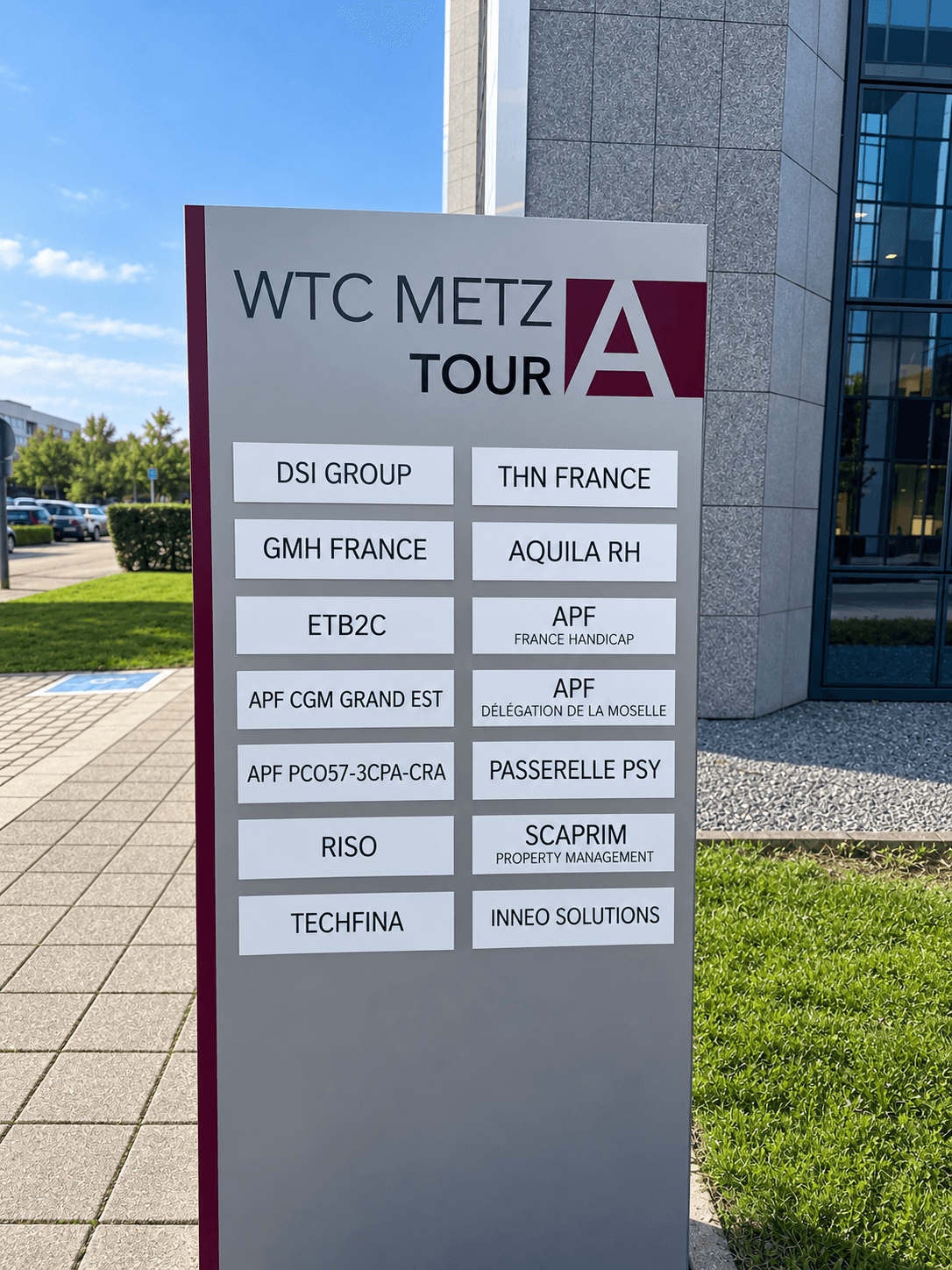 Totem extérieur habillé pour le World Trade Center Metz, avec identification de la Tour A et affichage des entreprises présentes.