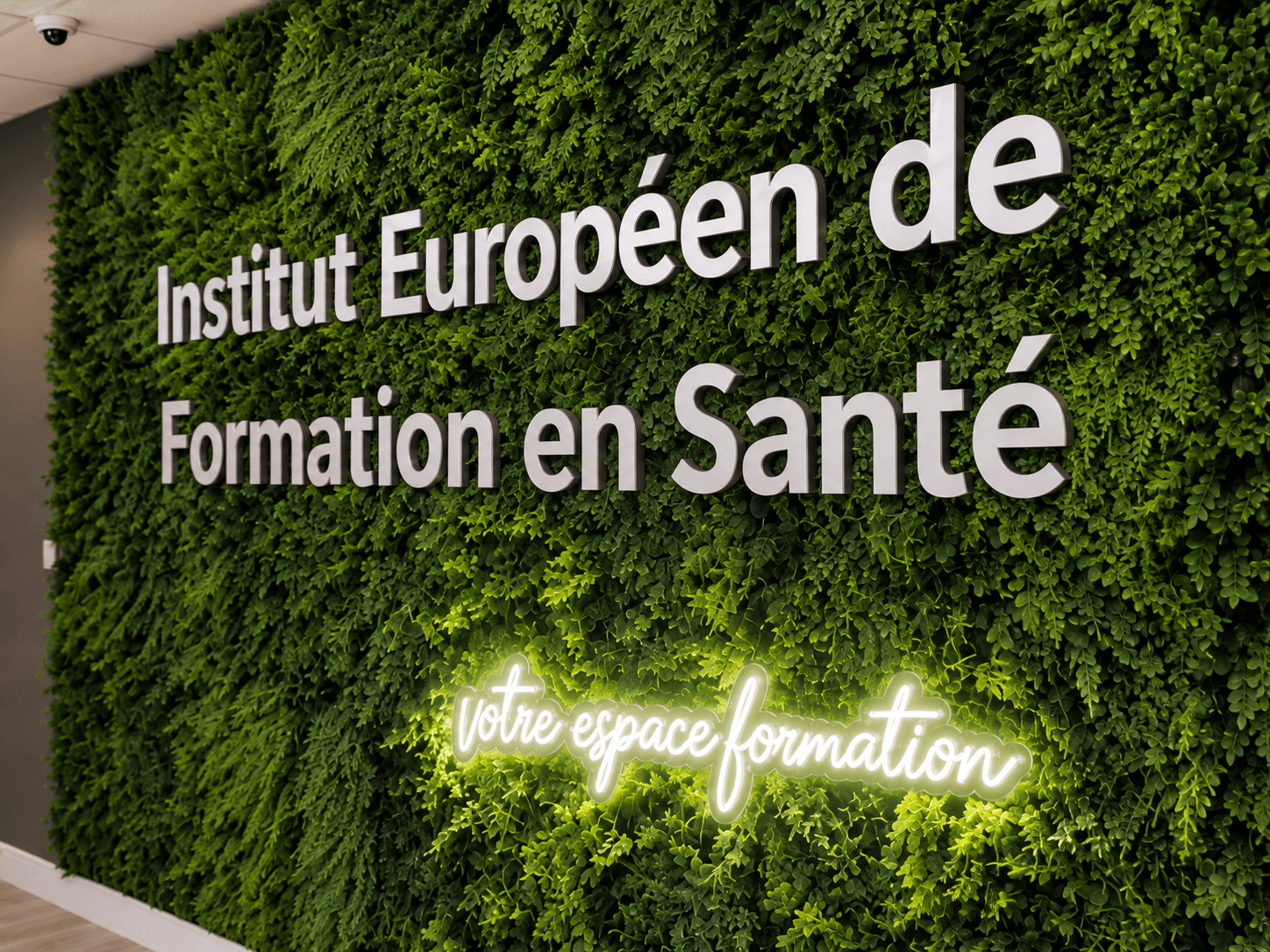 Mur végétal intérieur réalisé pour IEF Santé, avec lettrage en lettres Forex sur entretoises et néon LED personnalisé pour mettre en valeur l’identité du lieu.